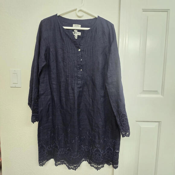 NWT Malvin 100%Linen DarkNavy Long Sleeve Shift Tunic Dress V-neck Embroidered L - Picture 9 of 9